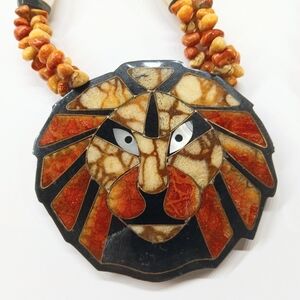 Vintage Inlaid Shell Iconic Lion Face Inlay Statement Necklace